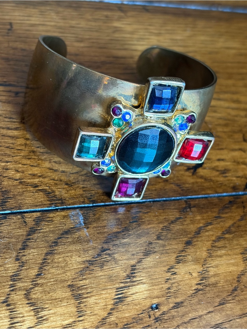 Vintage 80s Rhinestone Cross Cuff Statement Bracelet Jewel Tone Gold Open Band
